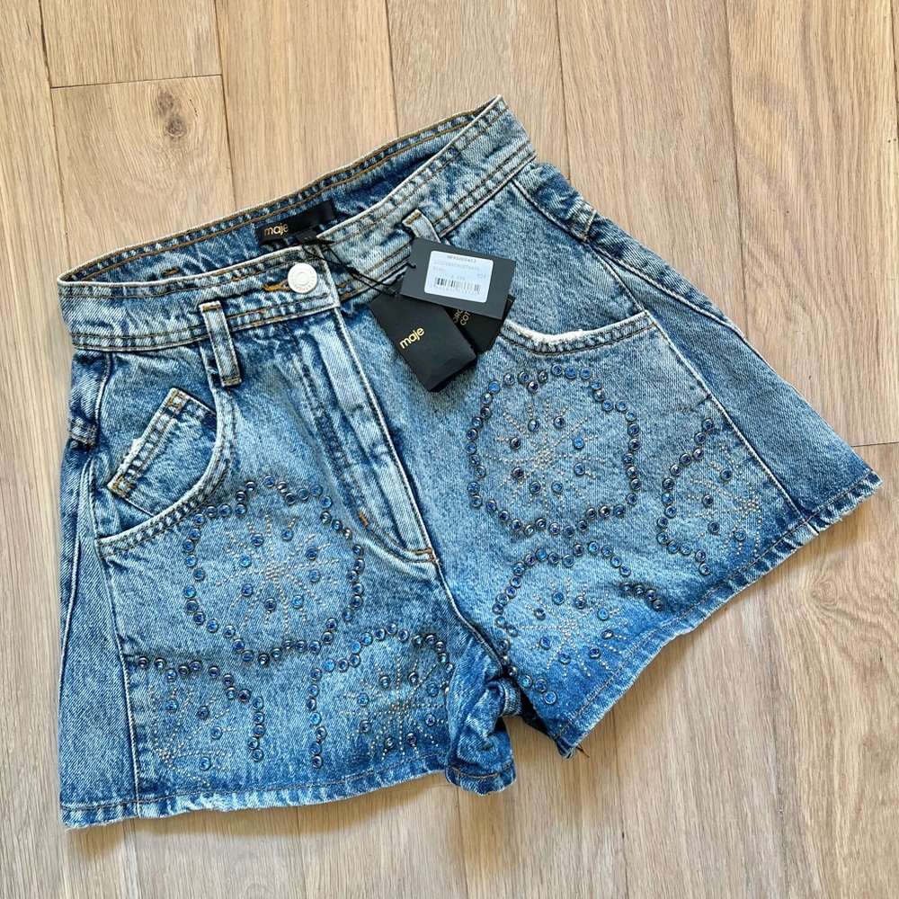 Maje Blue Denim Jean Shorts with Embellished Stud Detail